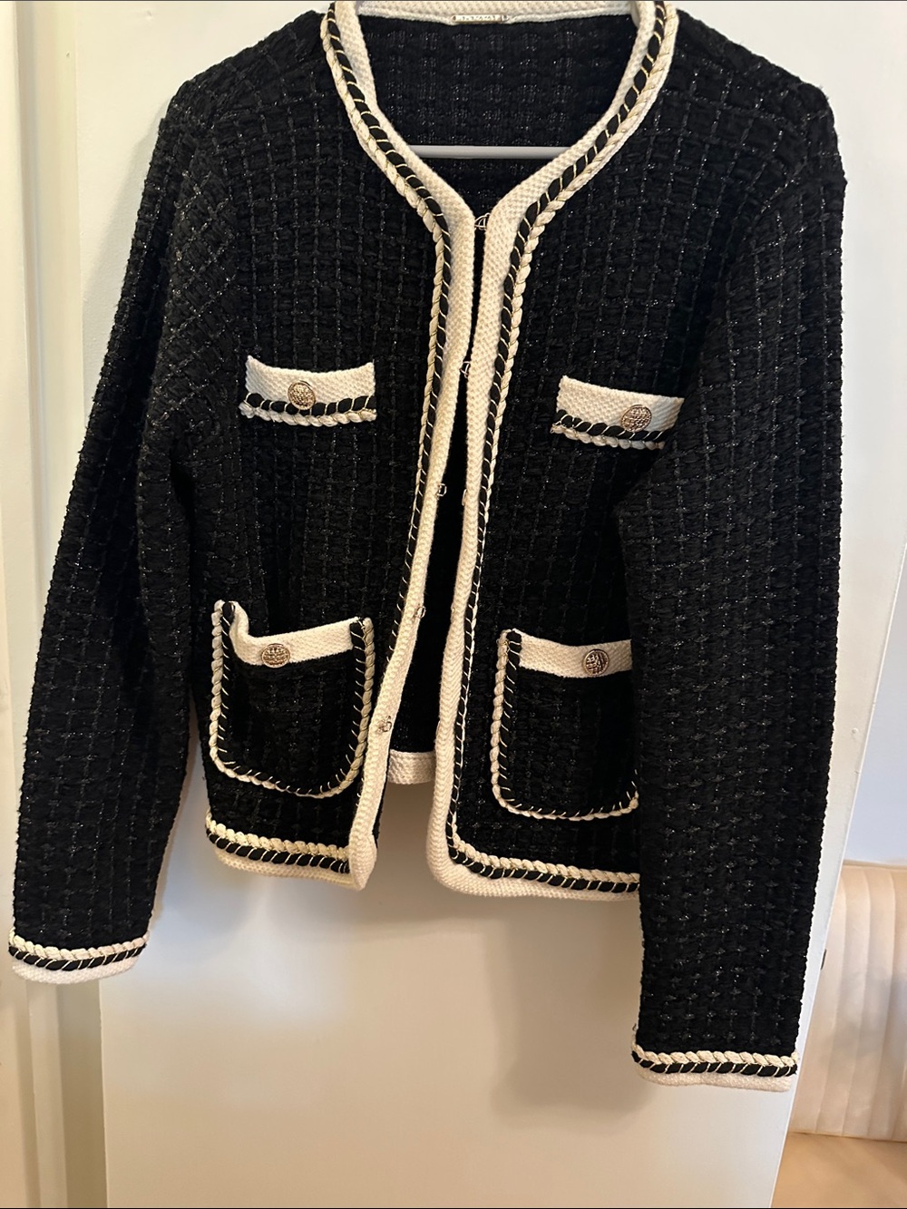 Elie Tahari Black Tweed Knit Pocket Jacket with Cream Trim Size S-M